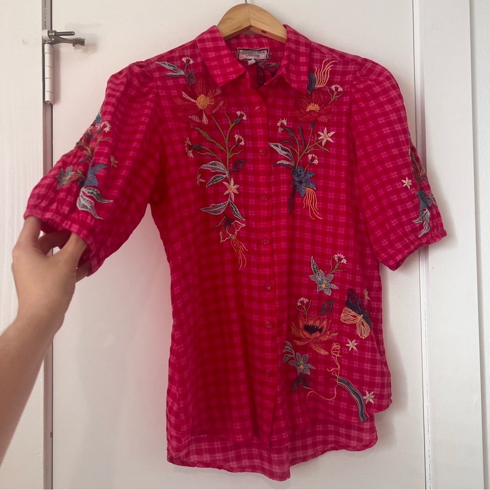 Johnny Was Pink Embroidered Gingham Button Down Blouse - Picture 6 of 11